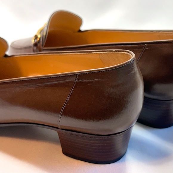 Vintage CELINE Brown Leather Loafer Pumps Gold Hardware Size 37.5 (37-1/2) US-7 - Picture 12 of 16